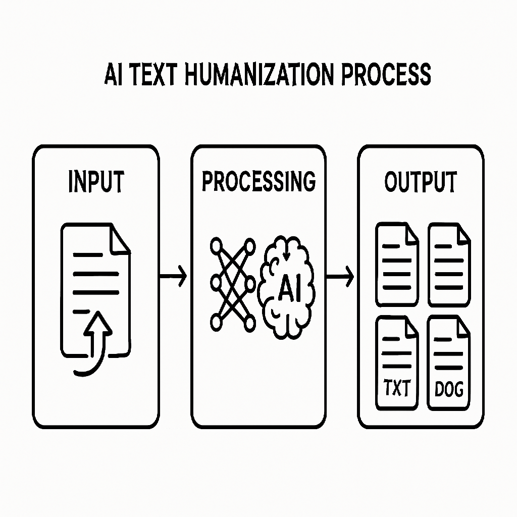Flowchart diagram showing the AI text humanization process with three connected stages: input with file upload icons, processing with neural network visualization and AI brain, and output with multiple download format options including TXT, HTML, and DOC